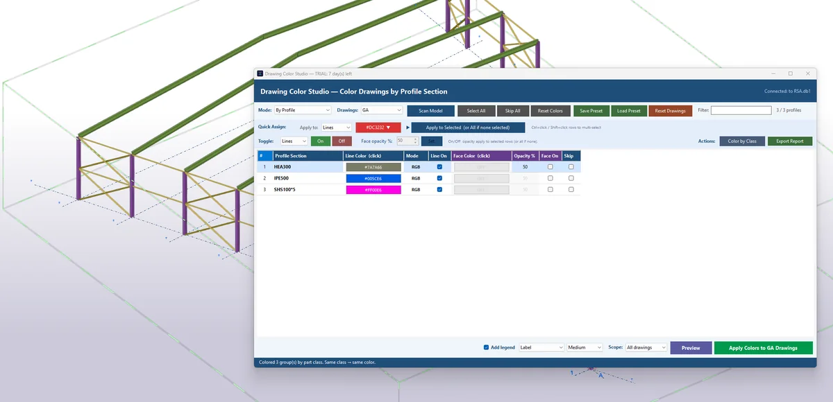 Drawing Color Studio window coloring GA drawings by profile section in front of a Tekla model